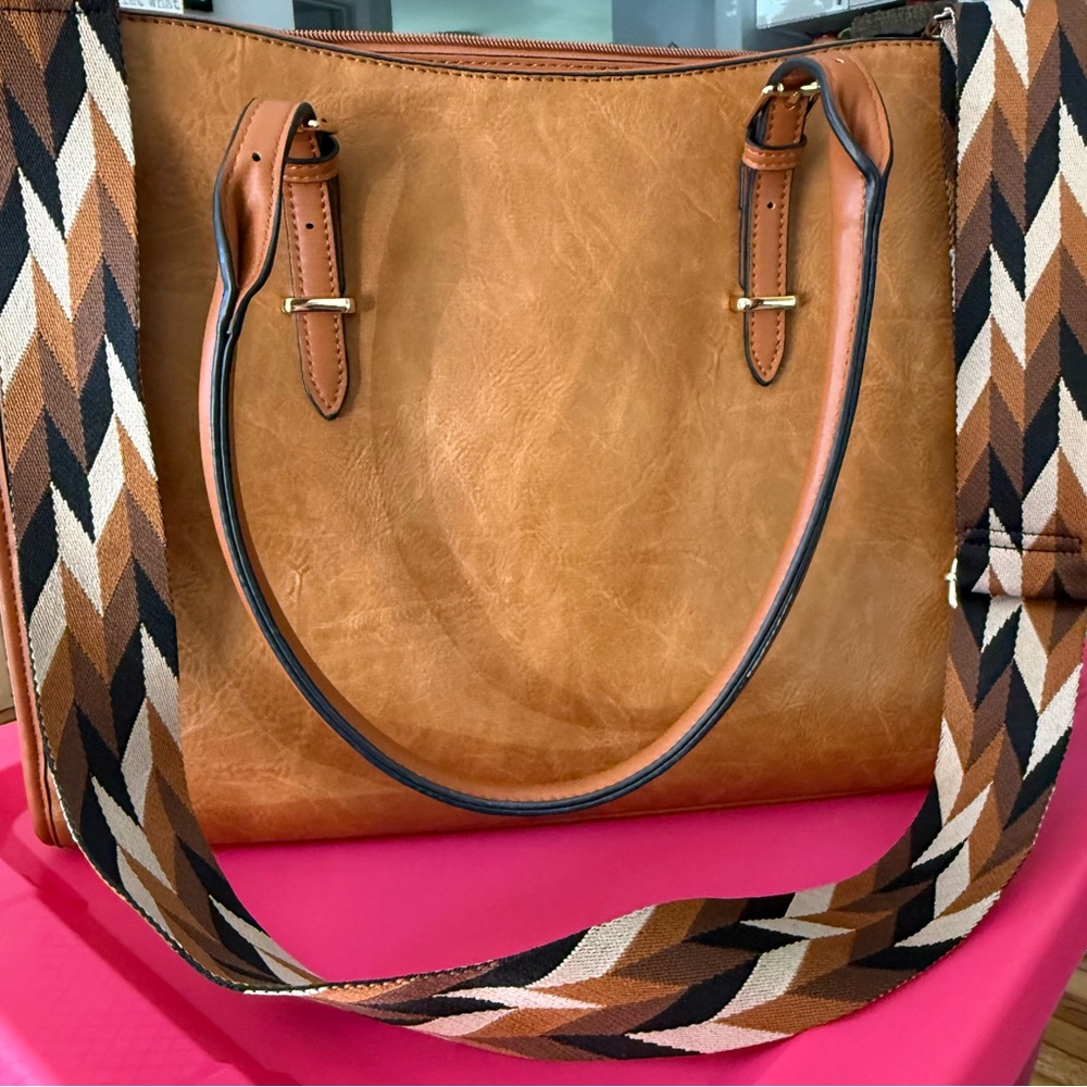 Tan Tote Bag with Patterned Strap